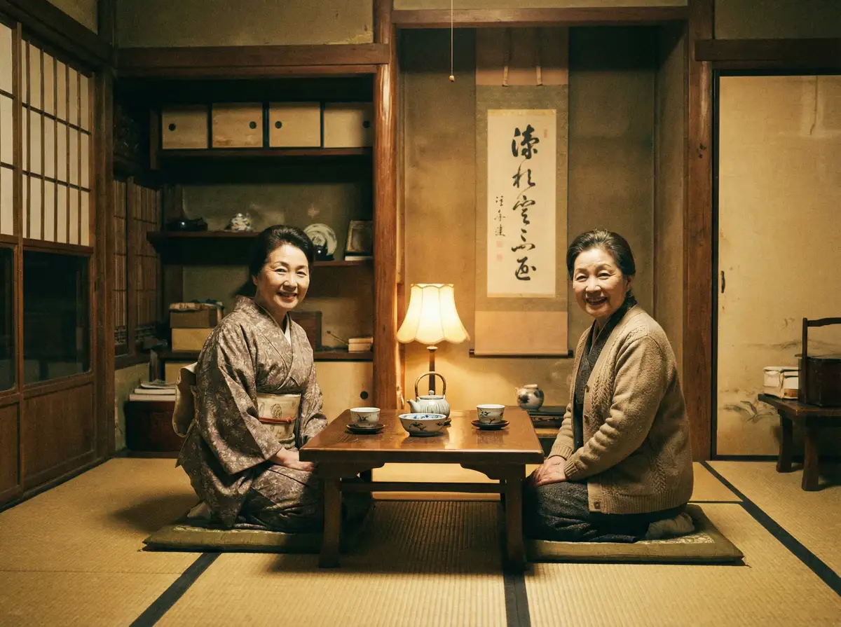两位优雅的 半岛bob体育平台 在日式茶室中品茶交谈